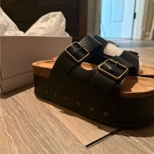 BAMBOO Black Sandals with Tan Sole